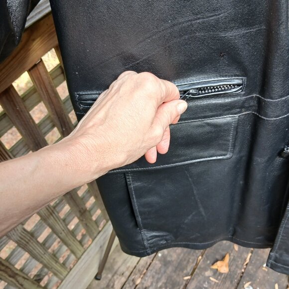 Vintage 90's Black Leather Warm Double Lined Car Coat Many Pockets & Details SzL - Picture 5 of 16